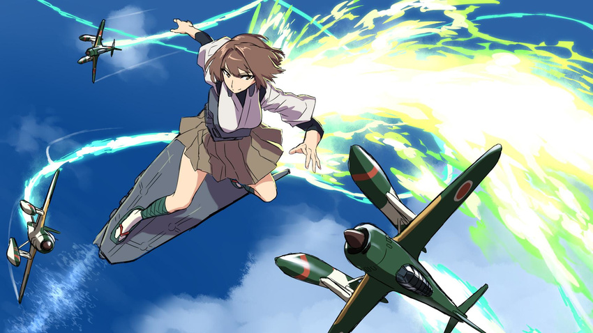 aircraft airplane blew_andwhite brown_eyes brown_hair cloud commentary_request condensation_trail day e16a_zuiun eureka_seven eureka_seven_(series) flight_deck flying highres hyuuga_(kantai_collection) japanese_clothes kantai_collection nontraditional_miko ocean sandals short_hair skirt sky sky_surfing skyboard smile undershirt