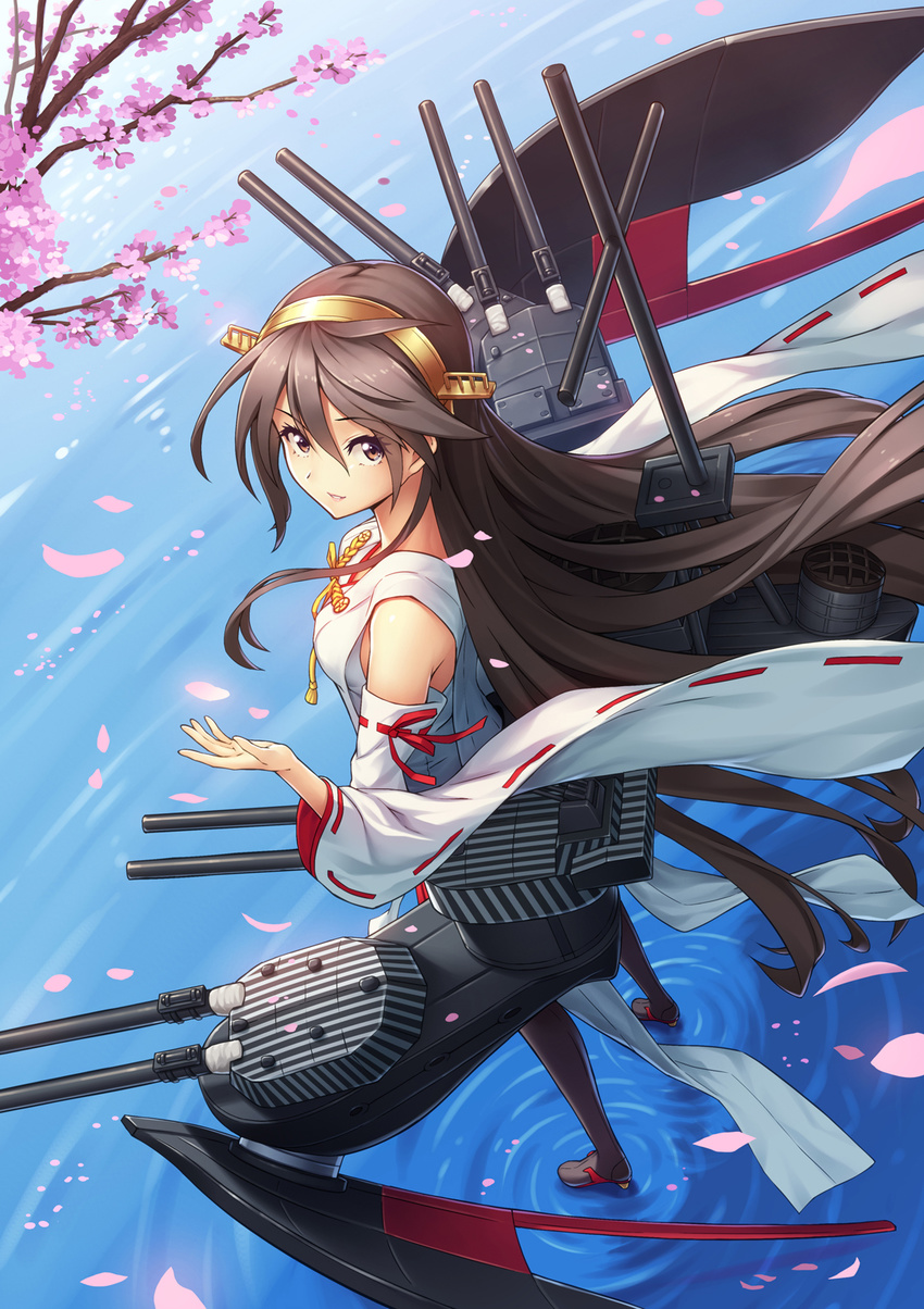 animal_print athrun1120 bare_shoulders black_footwear black_hair black_legwear boots brown_eyes cherry_blossoms detached_sleeves hairband haruna_(kantai_collection) highres japanese_clothes kantai_collection long_hair nontraditional_miko remodel_(kantai_collection) ripples smile solo thigh_boots thighhighs zebra_print