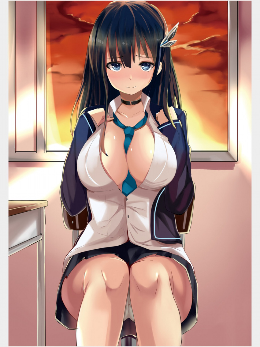 between_breasts black_hair blue_hair blush breasts cameltoe choker classroom copyright_request haik hair_ornament highres indoors large_breasts long_hair necktie necktie_between_breasts no_bra panties pantyshot pantyshot_(sitting) school_uniform sitting skirt solo sunset underwear white_panties