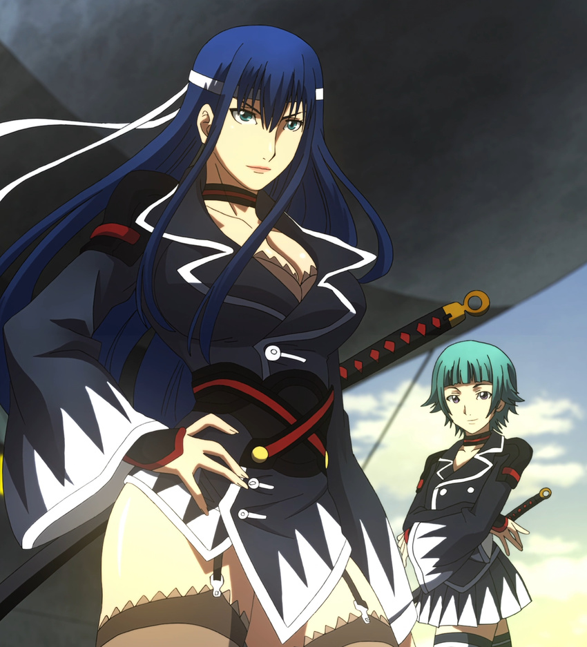 blue_eyes blue_hair breasts cleavage fuuun_ishin_dai_shogun gradient gradient_background highres hijikata_toshizou large_breasts long_hair multiple_girls screencap standing stitched