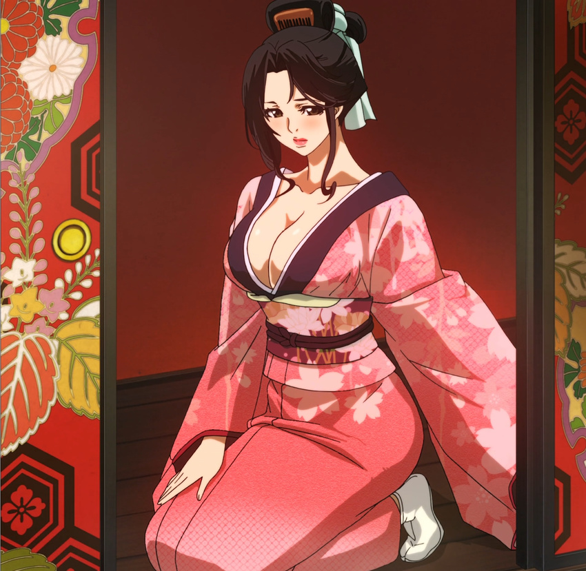 1girl black_hair blush breasts brown_eyes cleavage female fuuun_ishin_dai_shogun gradient gradient_background highres japanese_clothes kimono large_breasts lipstick long_hair makeup red_lipstick screencap sitting solo stitched