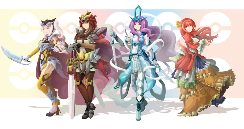 bad_id bad_pixiv_id blue_legwear boots brown_hair brown_legwear cape crossed_legs dress entei gen_2_pokemon gloves greaves hair_ornament headpiece high_heels ho-oh long_hair lord_jack mask mask_removed multiple_girls personification poke_ball_symbol pokemon purple_hair raikou red_eyes red_hair ribbon shadow suicune sword thighhighs twintails very_long_hair weapon white_hair yellow_eyes yellow_legwear