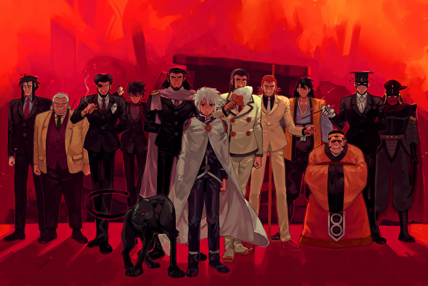 absurdres armor beard bell_of_life_juujouji big_fire black_hair chinese_clothes cigar dazzling_cervantes direct_descendant_doki eyepatch fabulous_fitzgerald facial_hair formal giant_robo hamu_fukurou hanfu hanzui highres holding holding_pipe kawarazaki_the_stormy kiseru ko_enshaku mask mask_the_red multiple_boys mustache necktie pipe scarf shockwave_alberto shokatsu_koumei_(giant_robo) short_hair suit yuuki_the_twilight zangetsu_the_midday