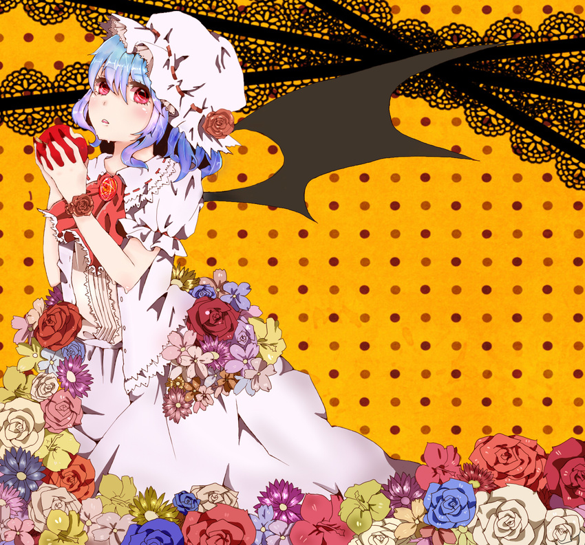 apple ascot bat_wings bitten_apple blue_flower blue_hair blue_rose brooch daisy fingernails flower food fruit hat hat_flower highres jewelry jing_jiu juice looking_at_viewer mob_cap nail_polish orange_background orchid parted_lips polka_dot polka_dot_background red_eyes red_flower red_nails red_rose remilia_scarlet rose sharp_fingernails short_hair short_sleeves skirt skirt_set solo touhou white_flower white_rose wings wrist_flower