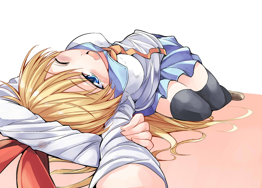 bibi black_legwear blonde_hair blue_eyes breasts from_above hairband kirisaki_chitoge long_hair lying medium_breasts nisekoi on_back one_eye_closed school_uniform skirt solo stretch thighhighs zettai_ryouiki