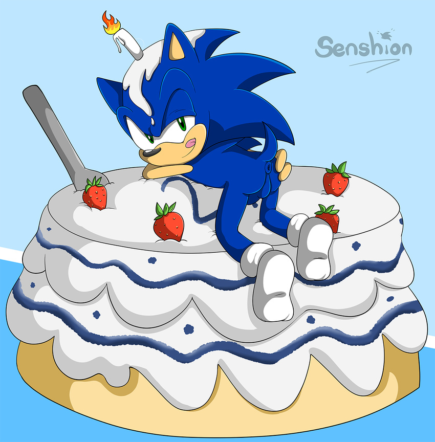 anthro anus balls butt cake candle clothing fire food footwear hand_on_butt hedgehog legwear long_nose lying male mammal nude on_front presenting presenting_hindquarters quills senshion smile socks solo sonic_(series) sonic_the_hedgehog tongue tongue_out video_games