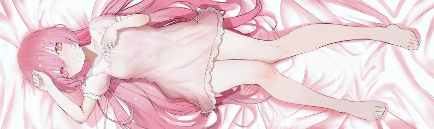 barefoot bed breasts dress hata_no_kokoro heoningu long_hair navel pink_eyes pink_hair see_through touhou waifu2x