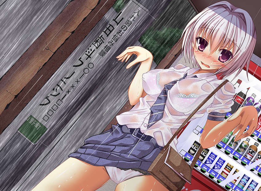 blush bra breasts large_breasts necktie original panties purple_eyes rankiryuu see-through short_hair silver_hair skirt skirt_lift solo underwear wet wet_clothes