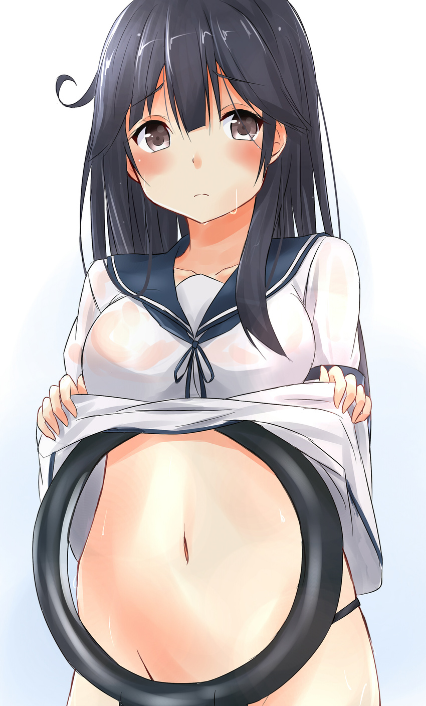 absurdres black_hair black_panties bladeless_fan blush fanning_self grey_eyes groin highres kantai_collection long_hair looking_at_viewer navel no_pants panties saku_(kudrove) school_uniform serafuku shirt_lift solo sweat underwear ushio_(kantai_collection)