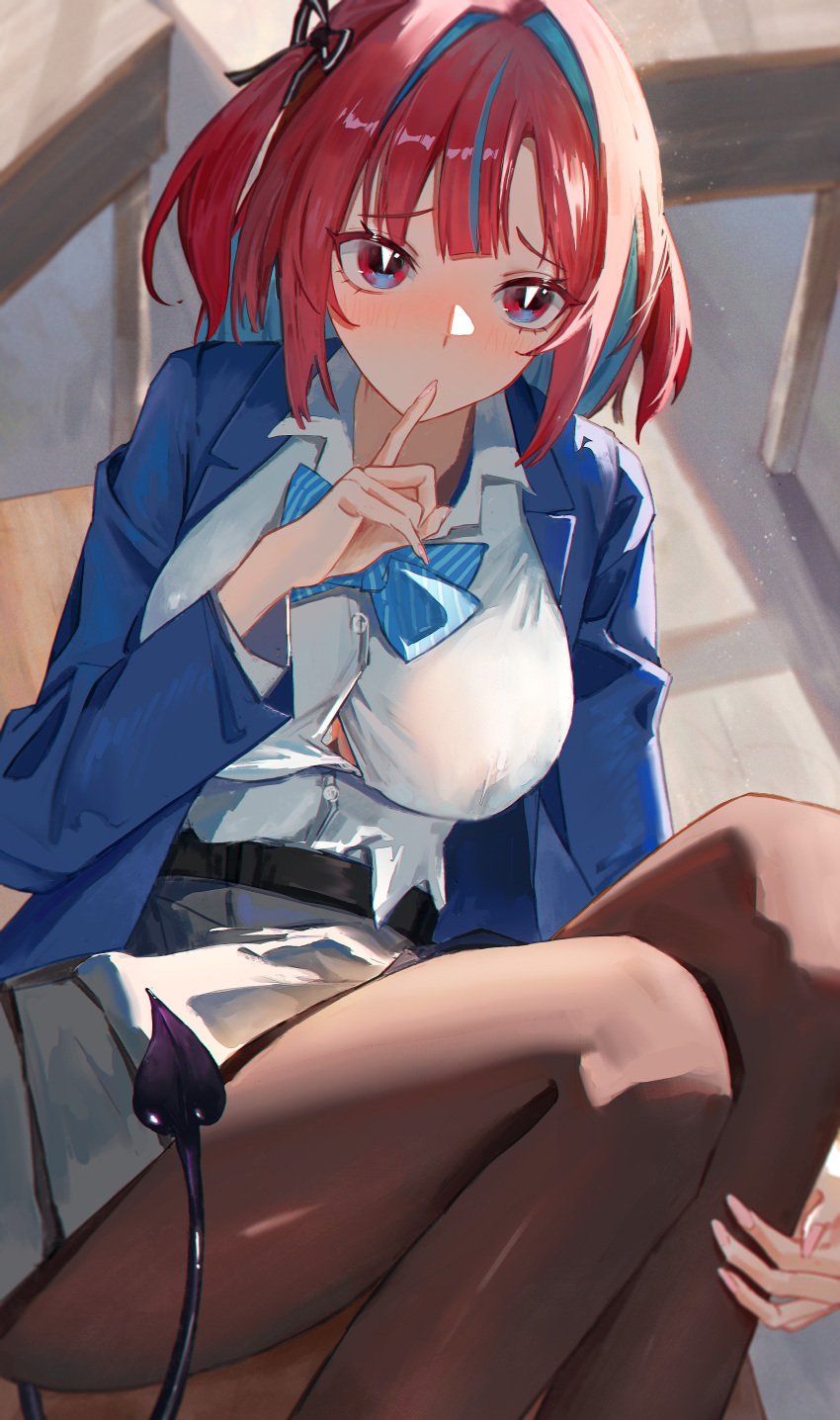 1girl absurdres black_ribbon black_tail blue_bow blue_bowtie blue_hair blue_jacket blush bow bowtie bra bra_peek breasts brown_pantyhose button_gap classroom collared_shirt colored_inner_hair commentary demon_girl demon_tail finger_to_mouth fingernails grey_skirt hair_horns hair_intakes hair_ribbon highres indoors jacket kanan-sama_wa_akumade_choroi kanan_(kanan-sama) large_breasts long_sleeves medium_hair multicolored_hair nail_polish pantyhose pink_eyes pink_hair pink_nails ribbon school_uniform shippo_(pixiv_18567314) shirt skirt slit_pupils solo streaked_hair striped_bow striped_bowtie striped_clothes striped_ribbon tail thighs two-tone_hair underwear white_bra white_shirt