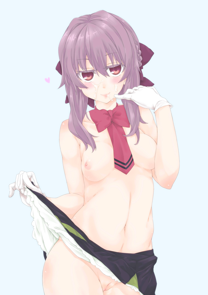 bad_id bad_pixiv_id blue_background breasts brown_eyes closed_mouth cum eyebrows_visible_through_hair facial gloves heart highres hiiragi_shinoa itou_ayachi lifted_by_self navel nipples no_panties owari_no_seraph purple_hair pussy simple_background skirt skirt_lift small_breasts smile solo topless white_gloves