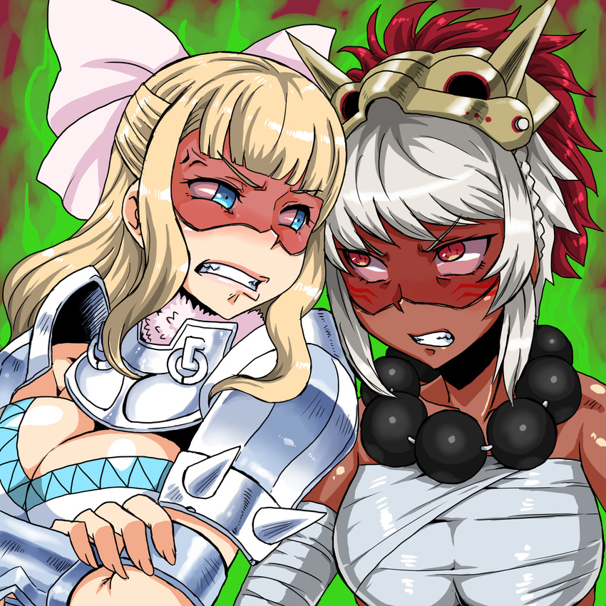 anger_vein angry armor bandage bandaged_arm bangs bare_shoulders beads blonde_hair blue_eyes bow bracer braid breasts charlotte_(fire_emblem_if) cleavage clenched_teeth crop_top crossed_arms curly_hair dark_skin eyelashes facepaint fire_emblem fire_emblem_if gauntlets hair_bow kitsune-tsuki_(getter) large_breasts lips long_hair mask_on_head midriff multicolored_hair multiple_girls red_eyes red_hair rinka_(fire_emblem_if) sarashi shaded_face short_hair simple_background slit_pupils swept_bangs tassel teeth two-tone_hair upper_body white_hair