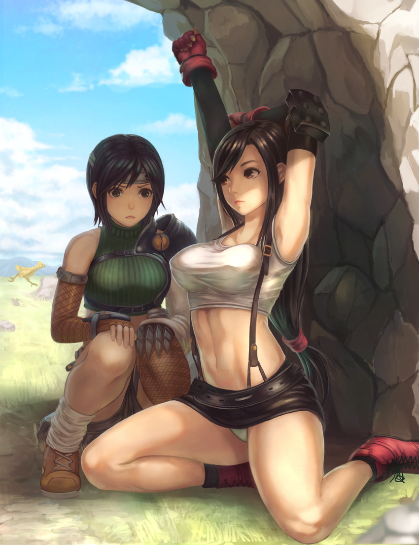 armpits arms_up breast_envy breasts brown_eyes brown_hair chocobo erect_nipples final_fantasy final_fantasy_vii large_breasts long_hair red_eyes short_hair small_breasts squatting stretch tifa_lockhart yazuwo yuffie_kisaragi