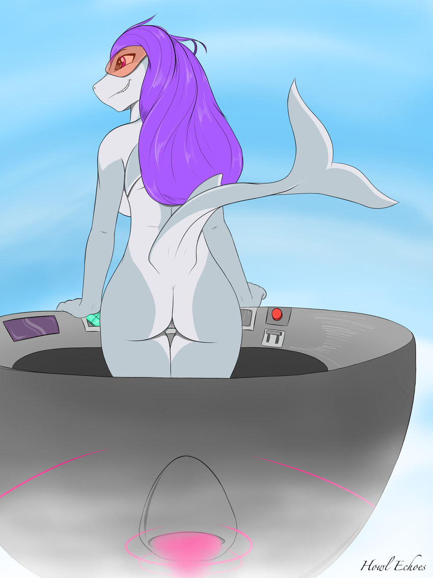 anthro breasts butt eyewear female fin fish hair hi_res howl_echoes marine purple_hair pussy shark smile solo solo_focus