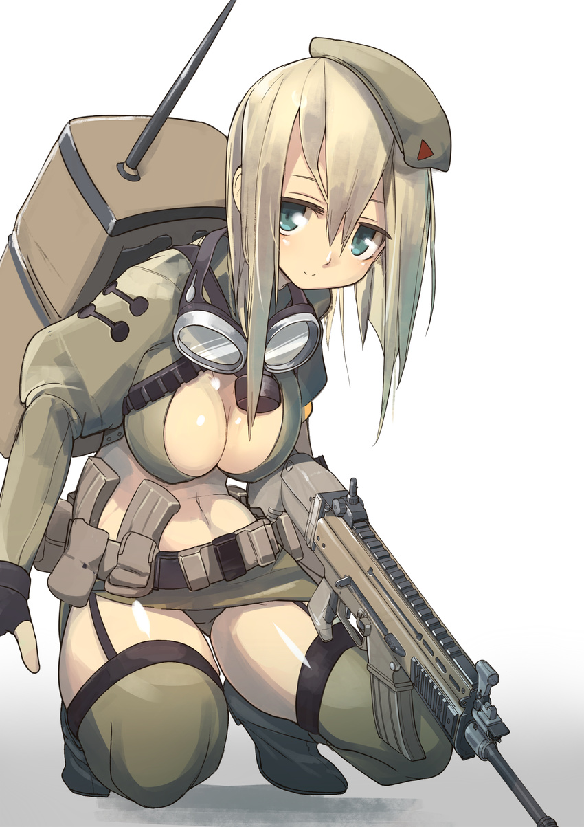 antennae assault_rifle backpack bag belt beret blue_eyes blush breasts brown_hair brown_legwear cleavage commentary_request fingerless_gloves fn_scar fn_scar_16 gloves goggles goggles_around_neck gun hair_between_eyes hat highres katsudansou kneeling large_breasts long_sleeves looking_at_viewer magazine_(weapon) original rifle simple_background smile solo squatting stanag_magazine thighhighs utility_belt weapon white_background