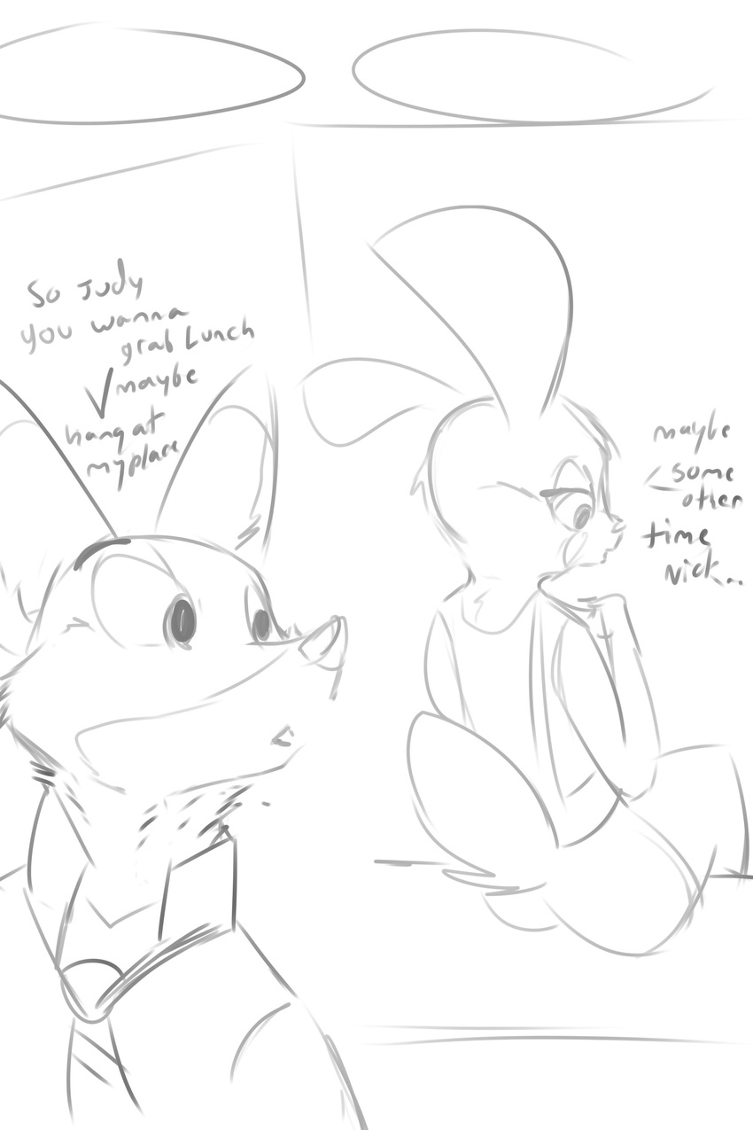 anthro big_ears canine comic dialogue disney duo english_text female fox judy_hopps lagomorph male mammal monochrome nick_wilde rabbit rear_view sitting sketch text torinsangel zootopia