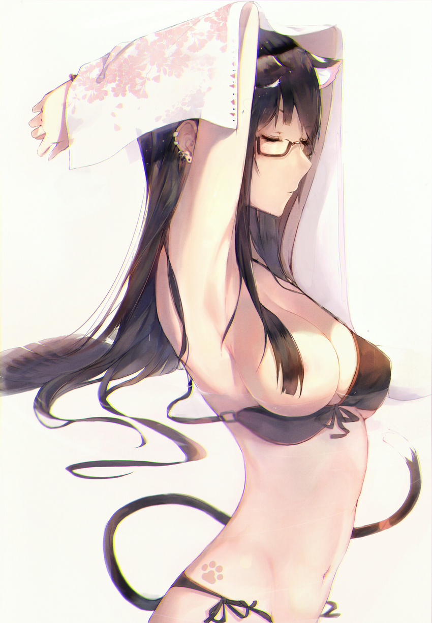 absurdres animal_ears bikini black_hair closed_eyes earrings glasses hadean92 hair_censor highres jewelry long_hair md5_mismatch original partially_submerged semi-rimless_eyewear solo swimsuit tail