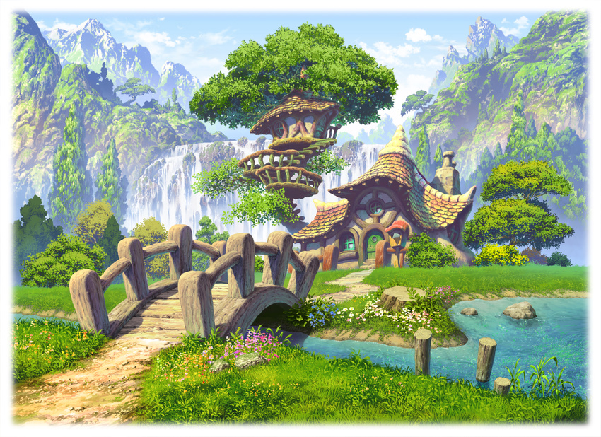 border bridge bush cloud day door fading_border flower grass highres house magewappa_z nature no_humans original outdoors rock scenery sky stream tile_roof tree tree_stump treehouse water waterfall white_border window wooden_bridge