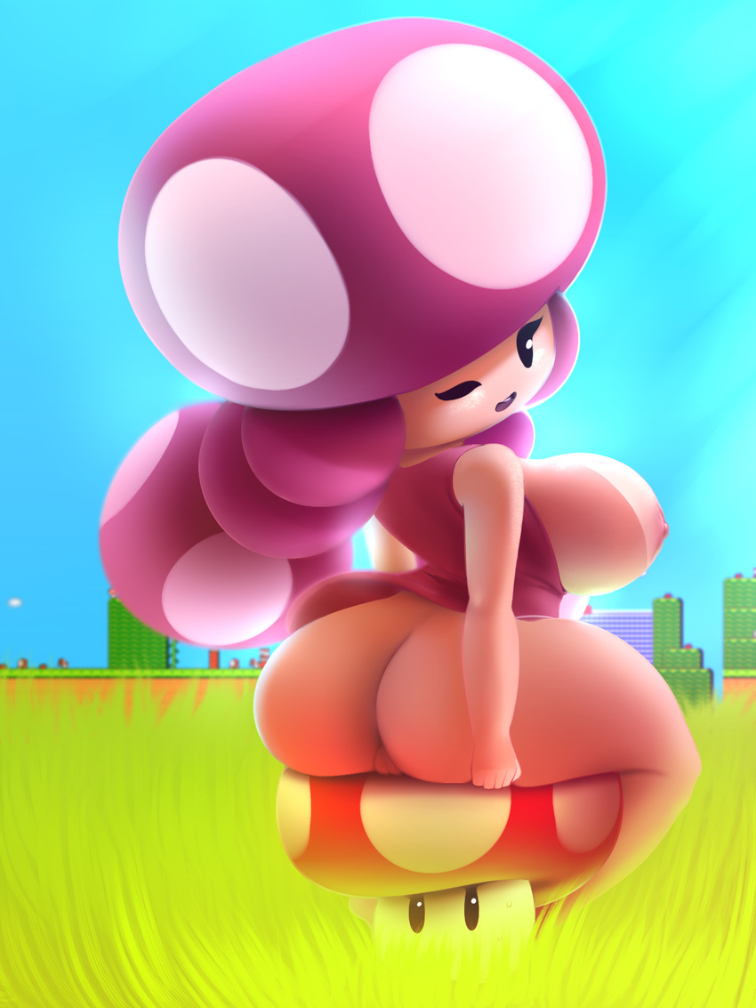 big_breasts big_butt bottomless breasts butt clothed clothing female half-dressed looking_at_viewer looking_back mario_bros mushroom nintendo one_eye_closed outside plantpenetrator pussy sitting solo toadette video_games