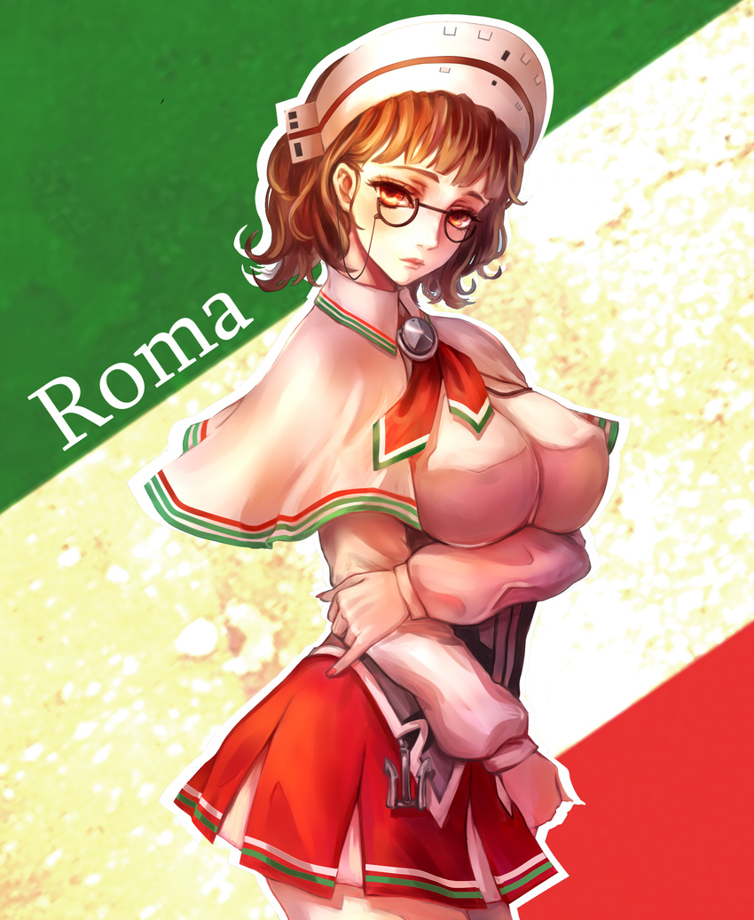 anchor bangs blunt_bangs breasts brown_eyes brown_hair capelet character_name detached_sleeves flag_background garter_straps glasses headdress highres inflatable_raft italian_flag italy kantai_collection large_breasts lips ringovalent roma_(kantai_collection) shirt short_hair skirt sleeveless sleeveless_shirt solo wavy_hair