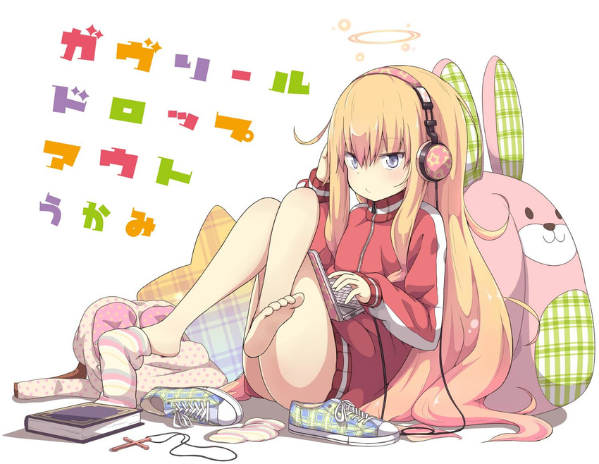 animal_ears bad_id bad_twitter_id barefoot blonde_hair bunny bunny_ears computer copyright_name cross feet full_body gabriel_dropout halo headphones jacket jewelry laptop long_hair naked_track_jacket necklace official_art shoes sitting sneakers sock_dangle socks socks_removed solo sportswear stuffed_animal stuffed_toy tenma_gabriel_white toy track_jacket translated ukami very_long_hair