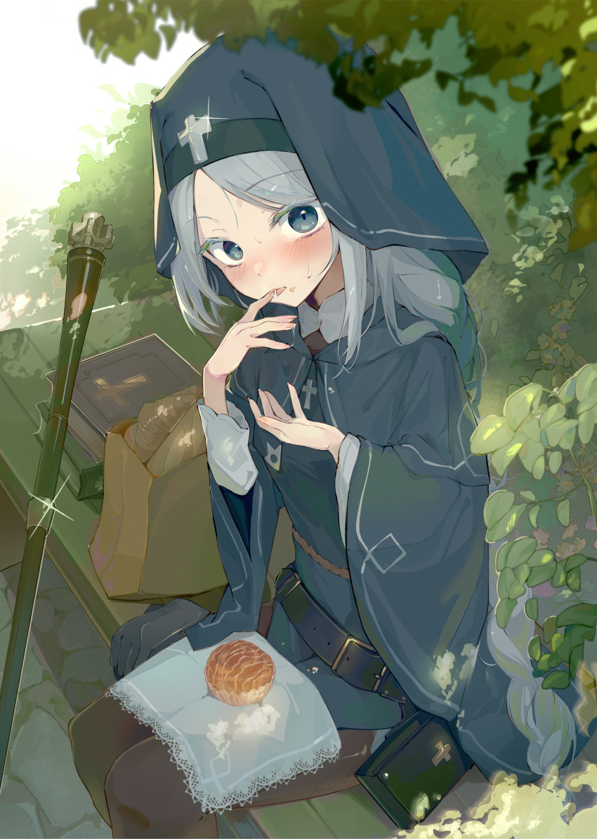 1girl absurdres blue_eyes blush book bread commentary_request dappled_sunlight eating food food_on_body food_on_face food_on_legs glint grey_hair highres long_hair long_sleeves looking_at_viewer mage_staff meikyu_kuso_tawake napkin nun_headdress saliva_on_hand solo staff stear sunlight syafa