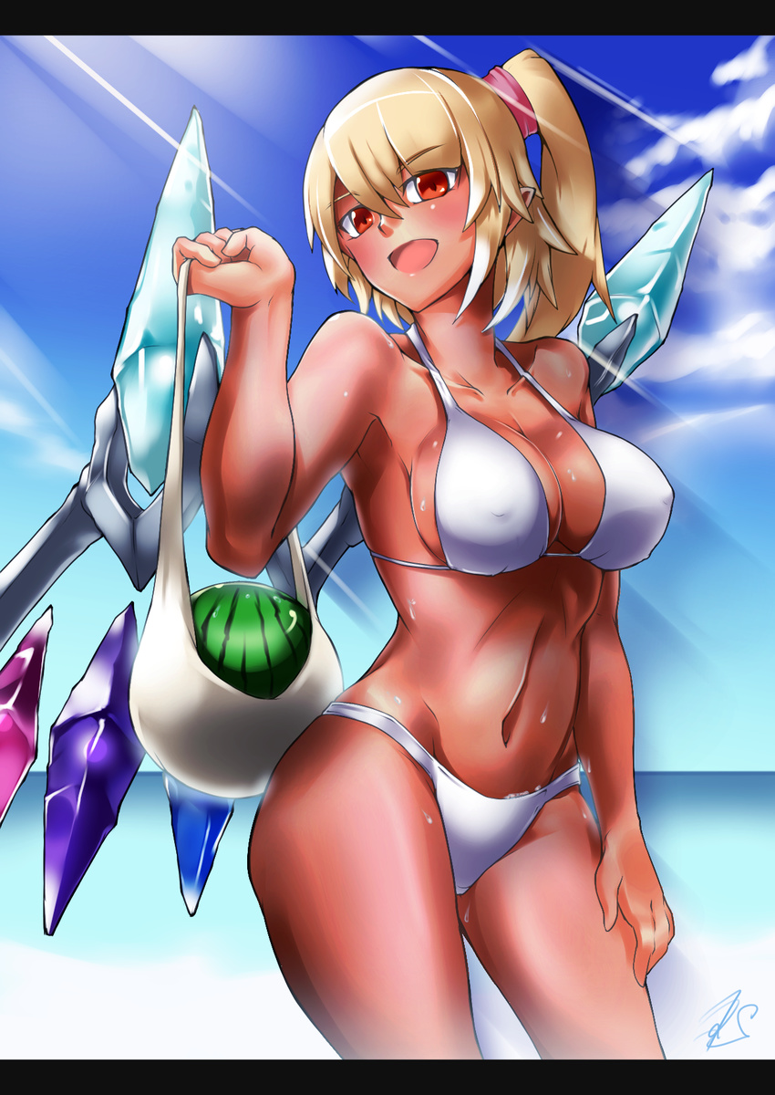 bikini blue_sky breasts cloud covered_nipples day flandre_scarlet food fruit highres large_breasts open_mouth red_eyes ryuuno_stadtfeld scrunchie side_ponytail sky smile solo swimsuit tan touhou watermelon white_bikini wings