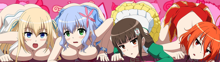 4girls absurdres amagi_brilliant_park ass black_hair blonde_hair blue_eyes blue_hair blush breast_press breasts breasts_outside butt_crack green_eyes highres koborii_(amaburi) large_breasts legs long_hair looking_at_viewer multiple_girls muse_(amaburi) no_bra no_panties open_mouth orange_hair red_eyes salama_(amaburi) short_hair simple_background skirt skirt_lift sylphy_(amaburi) thighs top-down_bottom-up