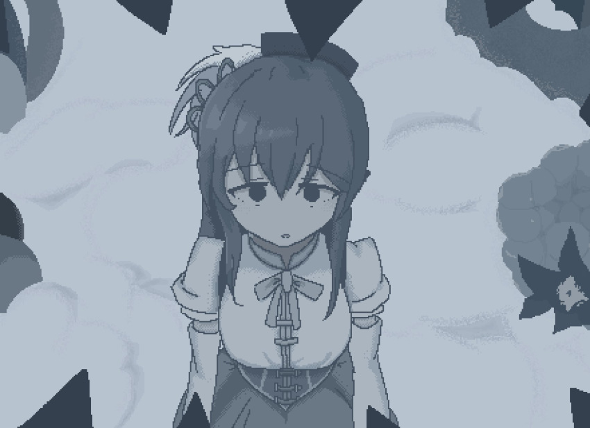 1girl blouse borrowed_character charlotte_(madoka_magica) commentary corset cosplay darkflame203 dithering elbow_gloves empty_eyes english_commentary from_above gloves greyscale hair_between_eyes hair_over_shoulder half-closed_eyes hamsterfragment_(style) hat hat_ornament highres imminent_death jaggy_lines long_hair looking_down looking_up magical_girl mahou_shoujo_madoka_magica mami_mogu_mogu monochrome original parody parted_lips pillbox_hat pixel_art pov puffy_short_sleeves puffy_sleeves scene_reference shinohata_sachie_(hamsterfragment) shirt short_sleeves skirt solo standing style_parody teeth tomoe_mami tomoe_mami_(cosplay) upper_body upturned_eyes