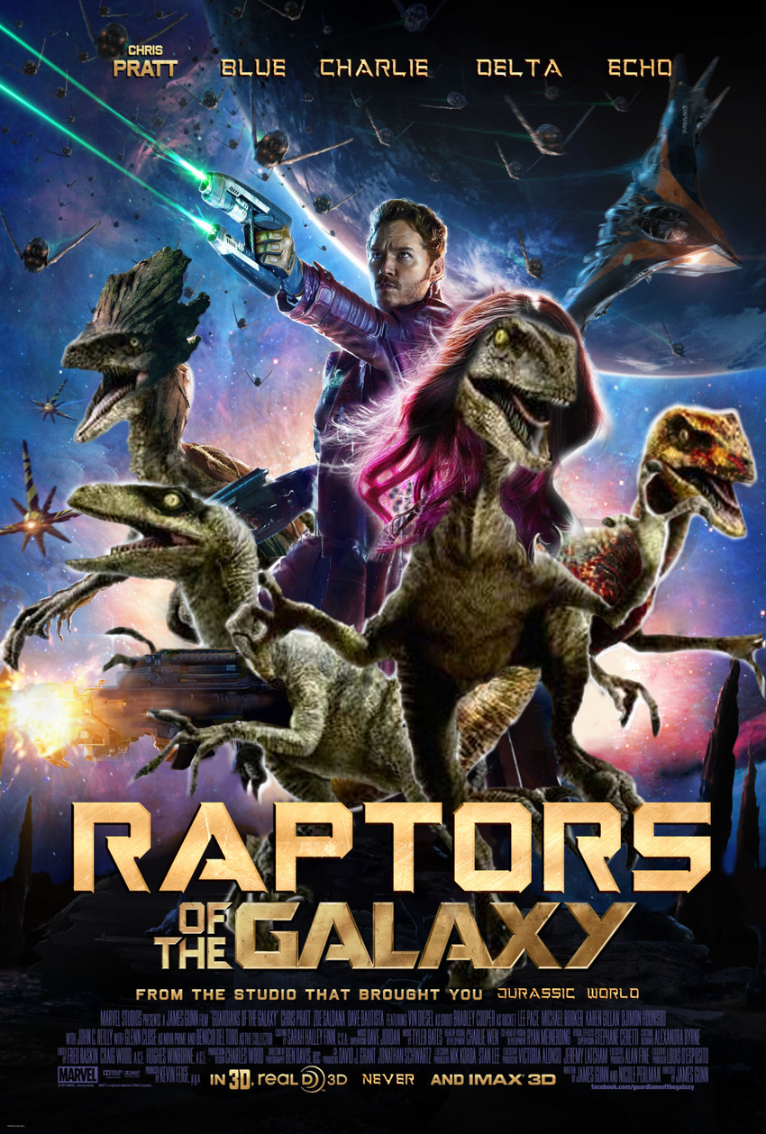 a_scandalous_nerd blue_(jurassic_world) charlie_(jurassic_world) chris_pratt delta_(jurassic_world) dinosaur echo_(jurassic_world) english_text guardians_of_the_galaxy gun human jurassic_park jurassic_world mammal ranged_weapon raptor spacecraft text unlimited_goats weapon