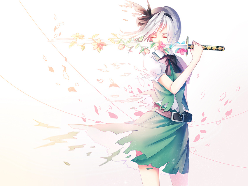 belt black_hairband flower hairband hidden_mouth katana konpaku_youmu ling_(vivianling) petals short_hair short_sleeves silver_hair skirt solo sword torn_clothes touhou weapon