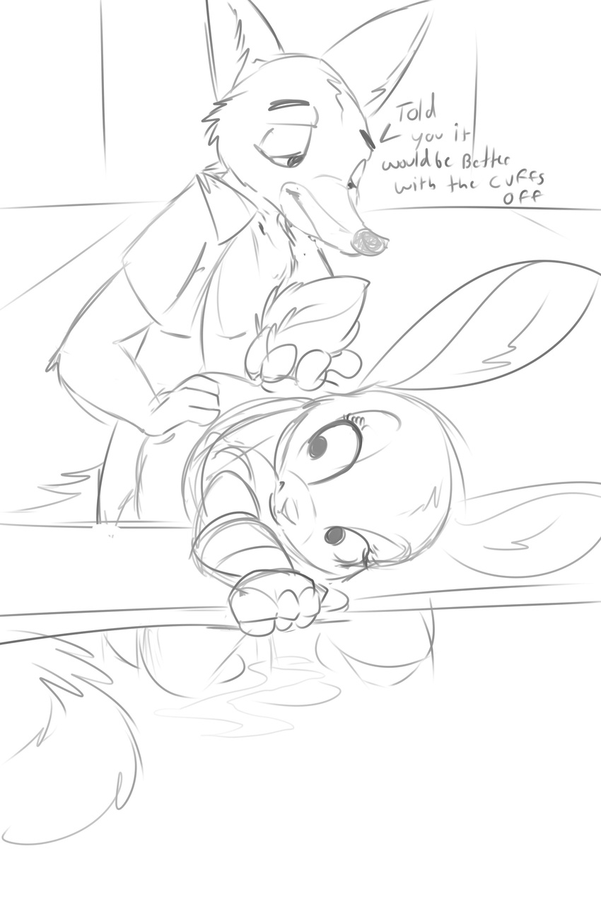 ambiguous_penetration anthro bench bent_over big_ears bottomless canine clothed clothing comic dialogue disney duo english_text female fox half-dressed judy_hopps lagomorph male male/female mammal monochrome nick_wilde rabbit sex sketch tail_grab text torinsangel zootopia