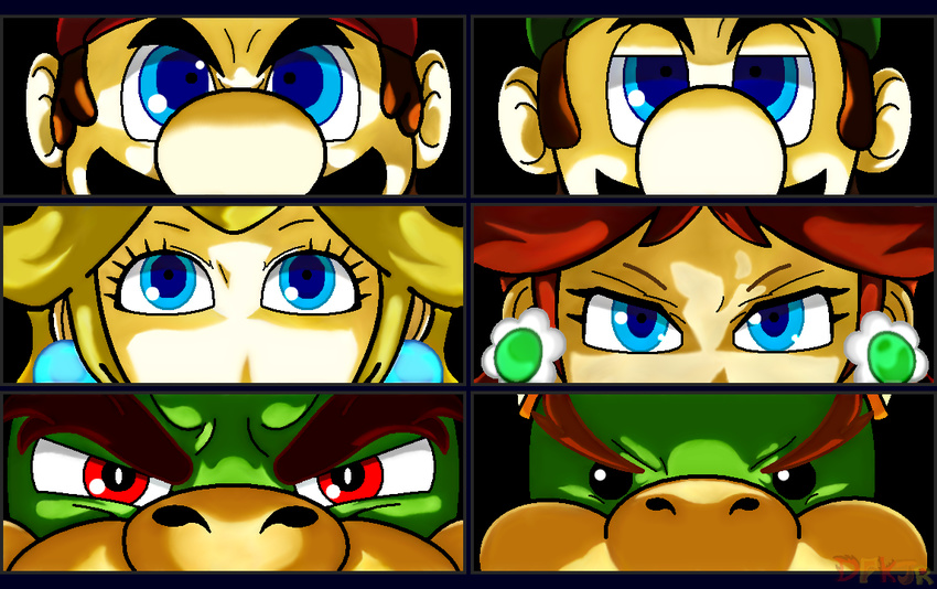 bowser bowser_jr. dfkjr female human koopa looking_at_viewer luigi male mammal mario mario_bros megami_tensei nintendo parody persona persona_eyes princess_daisy princess_peach reptile royalty scalie stare super_mario_land video_games