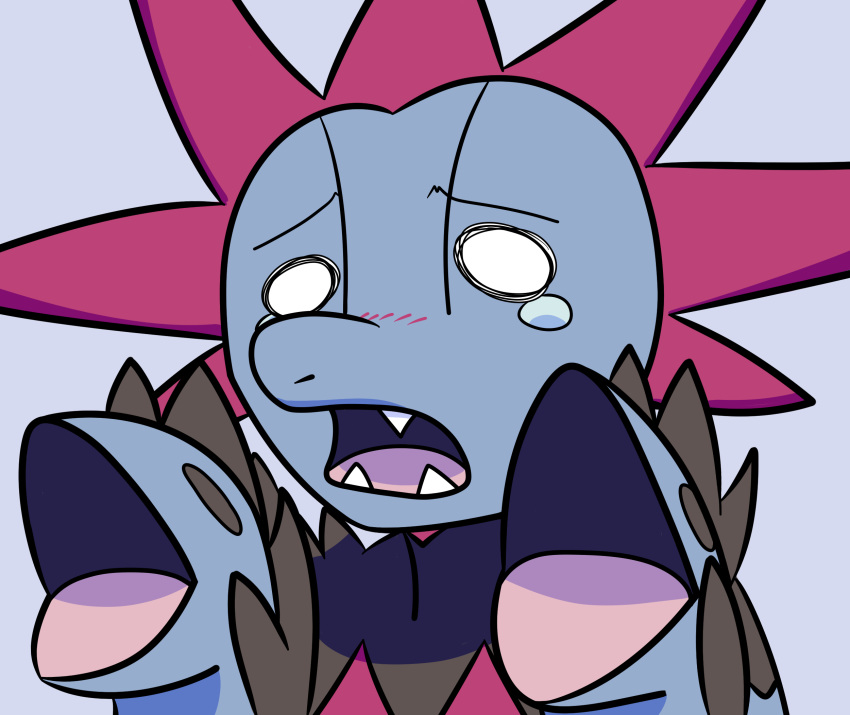 :o ambiguous_gender blush close-up hand_mouth hi_res hydreigon nintendo open_mouth pok&eacute;mon pok&eacute;mon_(species) portrait scalie sharp_teeth solo tastelessdrawings tears teeth tongue video_games white_eyes