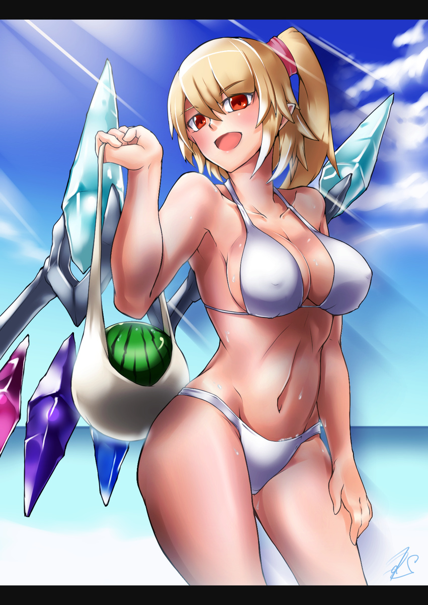 bikini blue_sky breasts cloud covered_nipples day flandre_scarlet food fruit highres large_breasts open_mouth red_eyes ryuuno_stadtfeld scrunchie side_ponytail sky smile solo swimsuit touhou watermelon white_bikini wings