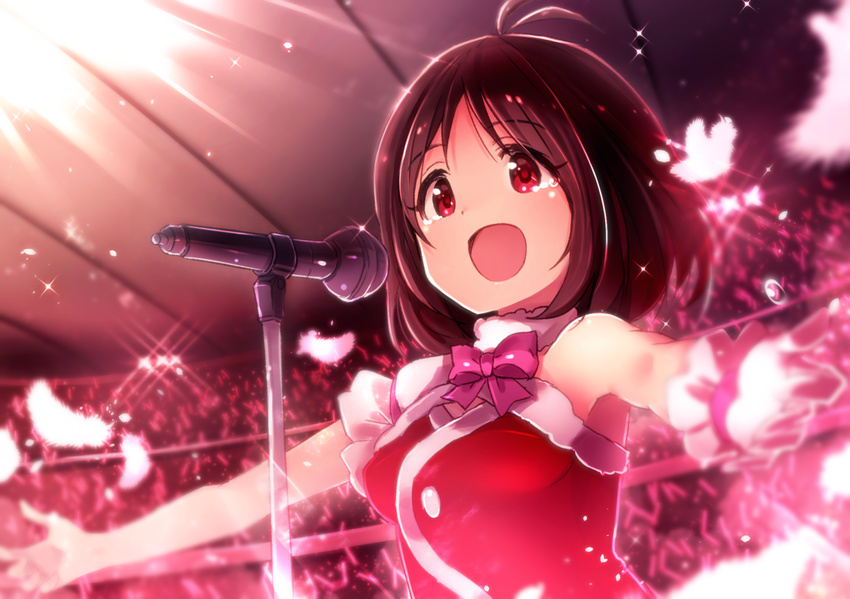 antenna_hair blurry brown_eyes brown_hair depth_of_field feathers gloves hidaka_ai idolmaster idolmaster_dearly_stars ima_(lm_ew) microphone open_mouth short_hair smile solo