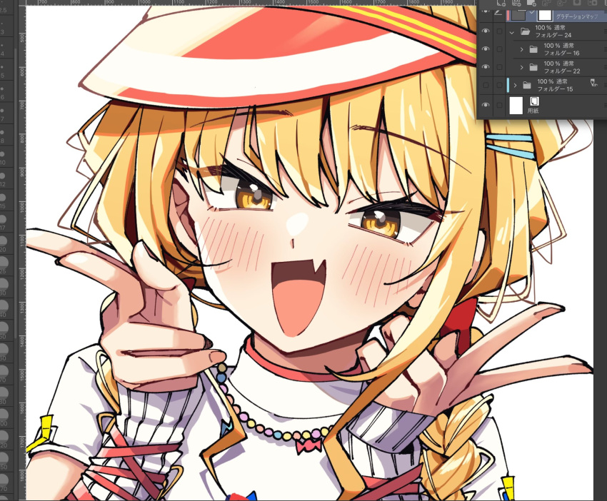 1girl :d arm_warmers art_program_in_frame blonde_hair blush bow braid close-up commentary_request double_v fang fujita_kotone gakuen_idolmaster hair_bow highres idolmaster long_hair looking_at_viewer low_twin_braids oomori_(kswmr) red_bow shirt short_sleeves sidelocks skin_fang smile smug solo twin_braids upper_body v visor_cap white_shirt yellow_eyes