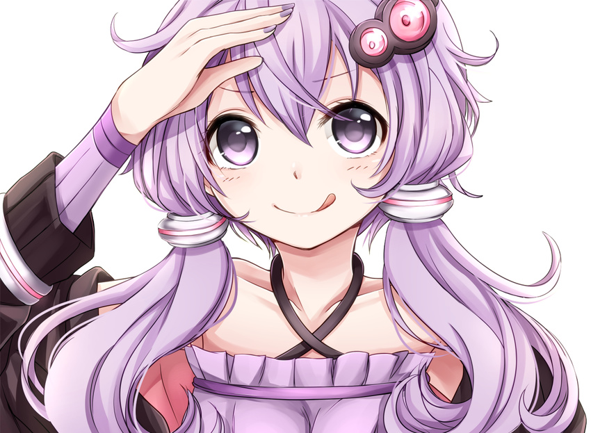 :q bare_shoulders collarbone face hair_ornament long_hair looking_at_viewer low_twintails nail_polish portrait purple_eyes purple_hair purple_nails simple_background solo tongue tongue_out twintails vocaloid voiceroid white_background yamagara yuzuki_yukari