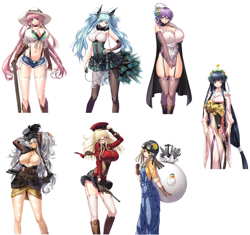 black_hair blonde_hair blue_eyes blue_hair breasts brown_hair cow_girl dark_skin dedenden! gigantic_breasts hat hayama_kazusa highres huge_breasts koume_(dedenden!) large_breasts long_hair low-tied_long_hair mechanical miyuki_(dedenden!) multiple_girls norika_(dedenden!) pantyhose purple_hair red_eyes rin_(dedenden!) saki_(dedenden!) short_hair shorts smile tanpopo_(dedenden!) thighhighs ureshiko_(dedenden!) very_long_hair