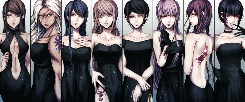 alternate_costume asahina_aoi back backless_dress backless_outfit black_dress black_gloves black_hair blue_eyes blue_hair breast_tattoo brown_eyes brown_hair celestia_ludenberck choker danganronpa danganronpa_1 dress elbow_gloves enoshima_junko freckles fukawa_touko glasses gloves hair_down hand_on_own_chest ikusaba_mukuro kirigiri_kyouko long_hair looking_at_viewer maizono_sayaka multiple_girls muscle muscular_female nail_polish navel oogami_sakura pink_hair purple_eyes purple_hair red_eyes red_nails round_eyewear scar short_hair siblings sisters spoilers strapless strapless_dress tan tattoo twins white_hair z-epto_(chat-noir86)