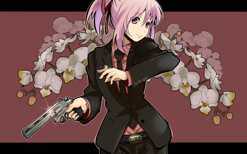 alternate_costume belt bullet formal gun handgun highres kaname_madoka letterboxed looking_at_viewer mahou_shoujo_madoka_magica necktie okuba orchid pants pink_eyes pink_hair revolver short_hair short_twintails smile solo suit trigger_discipline twintails upper_body weapon