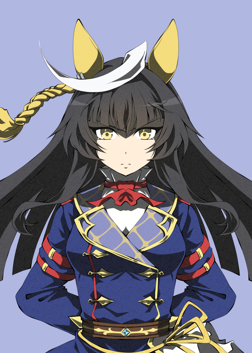 1girl ahoge animal_ears ascot asymmetrical_jacket black_hair blue_jacket blunt_bangs breasts buttons calstone_light_o_(one_true_path)_(umamusume) calstone_light_o_(umamusume) closed_mouth commentary_request double-breasted ear_covers highres hime_cut horse_ears horse_girl jacket long_hair long_sleeves looking_at_viewer medium_breasts multicolored_hair red_ascot simple_background solo striped_hair umamusume white_hair yellow_eyes zukki_(bijitaru)