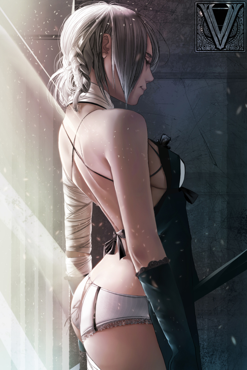absurdres ass backless_outfit bandaged_arm bandages bare_shoulders bow braid breasts closed_eyes duong_tich_vi elbow_gloves flat_ass frilled_panties frills gloves highres kaine_(nier) lingerie making_of medium_breasts nier nier_(series) panties silver_hair solo standing underwear white_panties