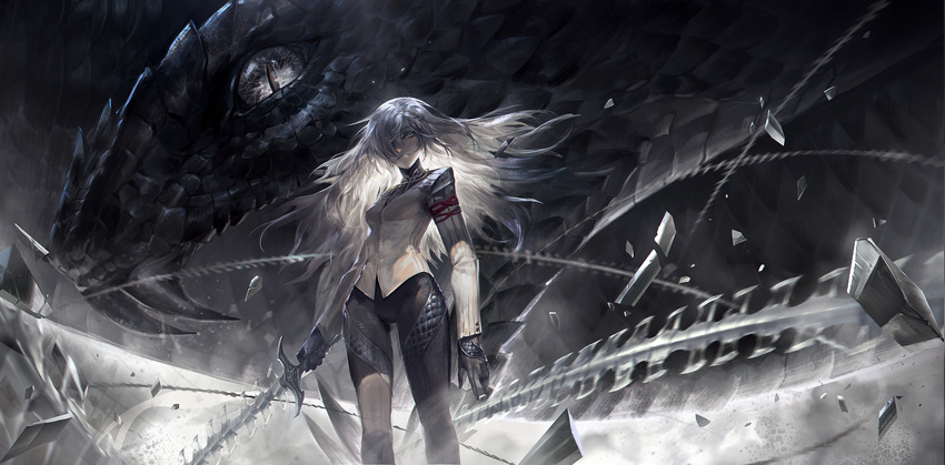 alcd black_gloves blue_eyes breasts gloves highres long_hair looking_at_viewer pixiv_fantasia pixiv_fantasia_t silver_eyes small_breasts snake solo sword vest weapon
