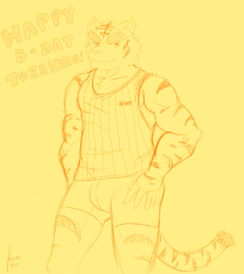anthro big_muscles birthday clothing feline mammal morenatsu muscles plain_background tiger torahiko_ooshima