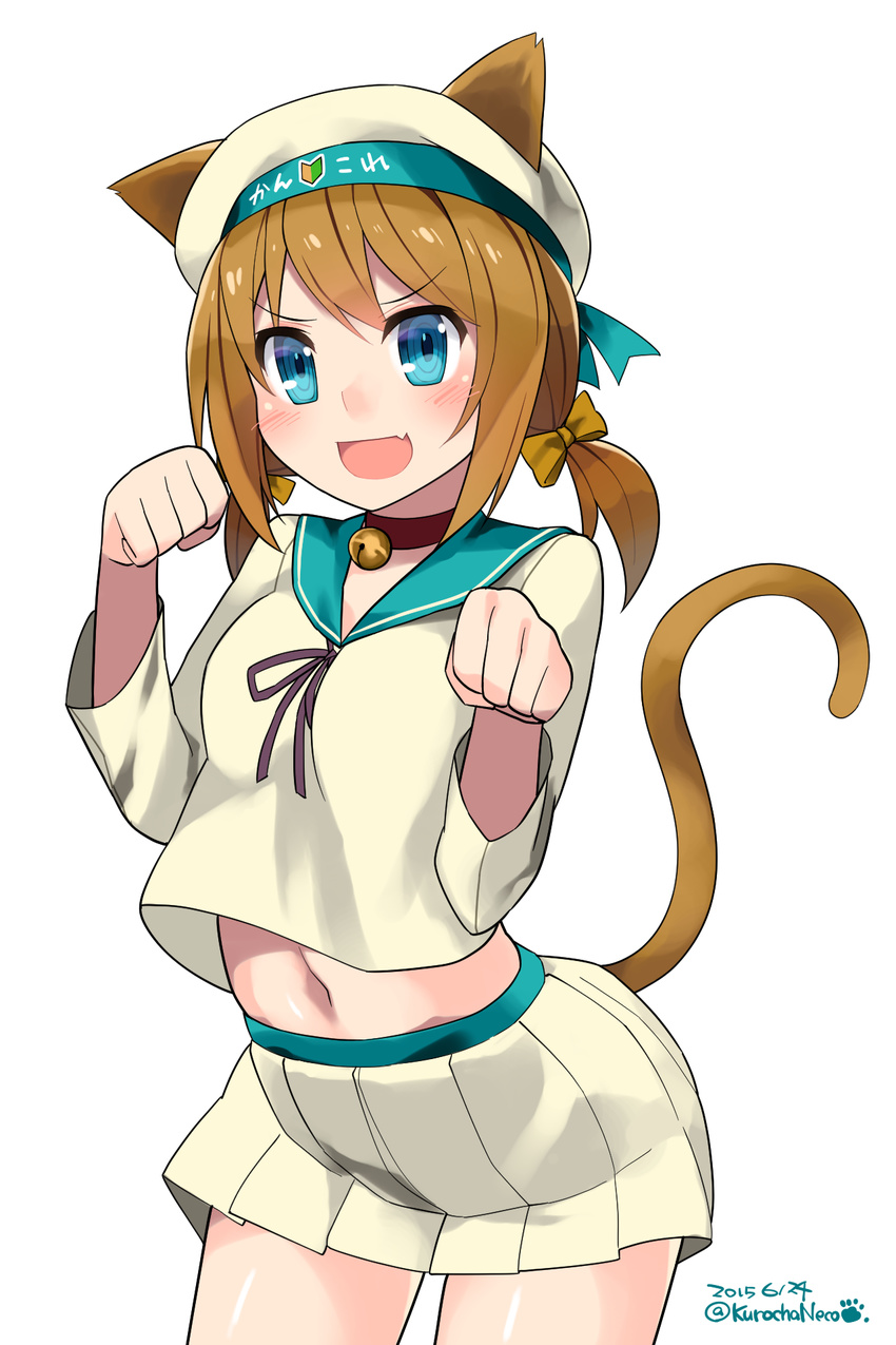 :d animal_ears bell bell_collar blue_eyes blush bow brown_bow cat_ears cat_tail collar cowboy_shot dated error_musume girl_holding_a_cat_(kantai_collection) hair_bow hat highres humanization jingle_bell kantai_collection kemonomimi_mode kuro_chairo_no_neko long_sleeves navel open_mouth paw_print pleated_skirt purple_ribbon ribbon school_uniform serafuku short_hair short_twintails shoshinsha_mark simple_background skirt smile solo tail twintails twitter_username v-shaped_eyebrows white_background