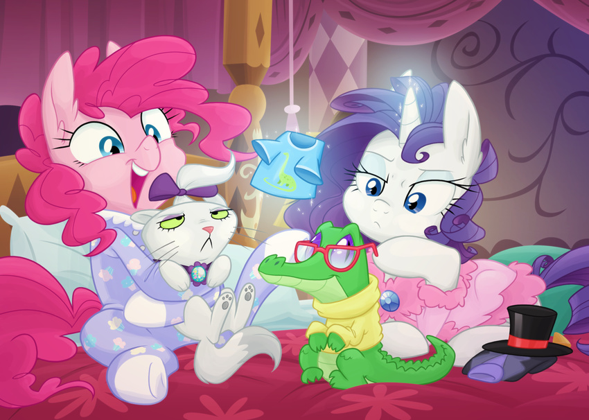 2015 alligator bed blue_eyes bow cat clothing earth_pony equestria-prevails equine eyeshadow eyewear feline female feral friendship_is_magic glasses glowing green_eyes group gummy_(mlp) hair hat horn horse inside levitation magic makeup mammal my_little_pony on_bed onesie opalescence_(mlp) open_mouth pillow pink_hair pinkie_pie_(mlp) pony purple_eyes purple_hair rarity_(mlp) reptile robe scalie sitting top_hat unicorn