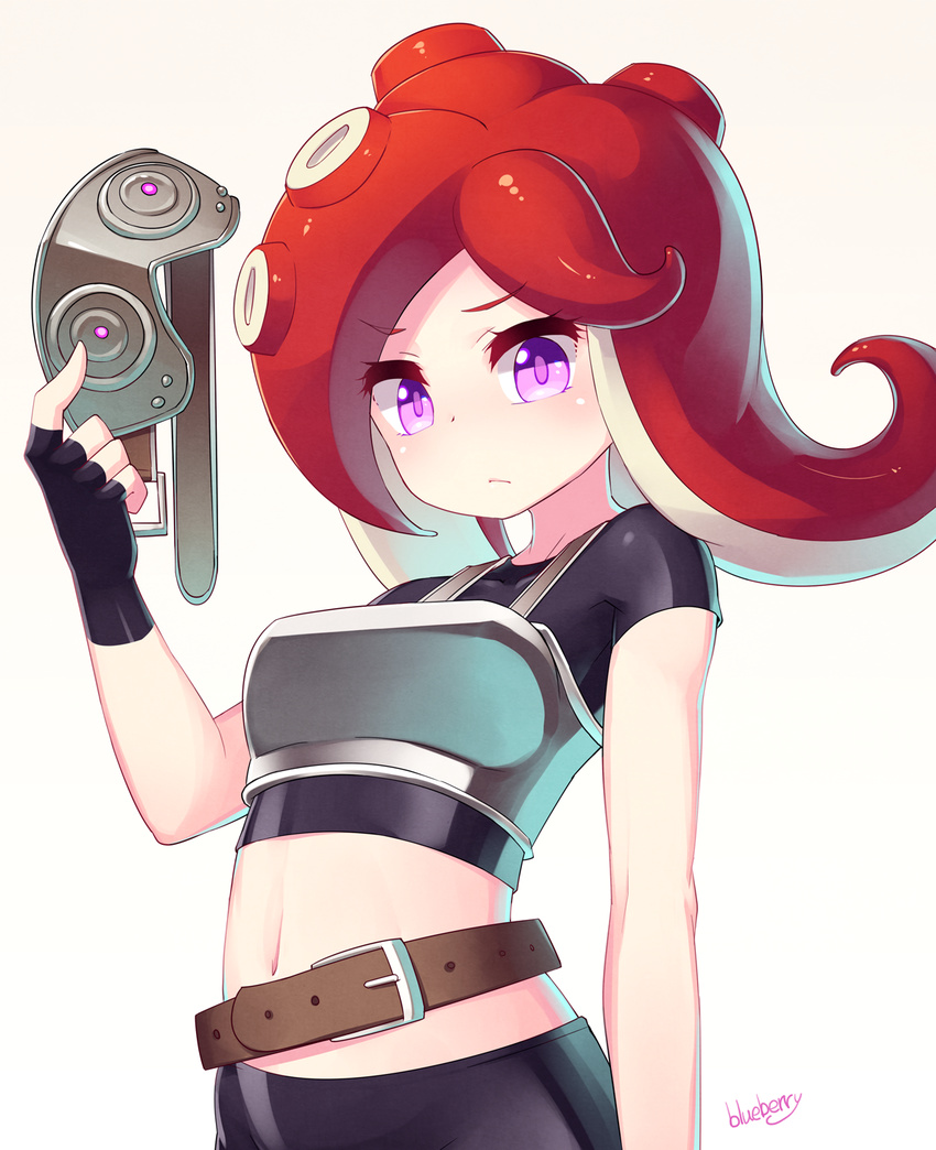 artist_name belt bike_shorts black_gloves blueberry_(5959) blush breastplate fingerless_gloves gloves goggles goggles_removed highres holding long_hair looking_at_viewer navel octarian octoling purple_eyes red_hair simple_background solo splatoon_(series) splatoon_1 takozonesu tentacle_hair white_background