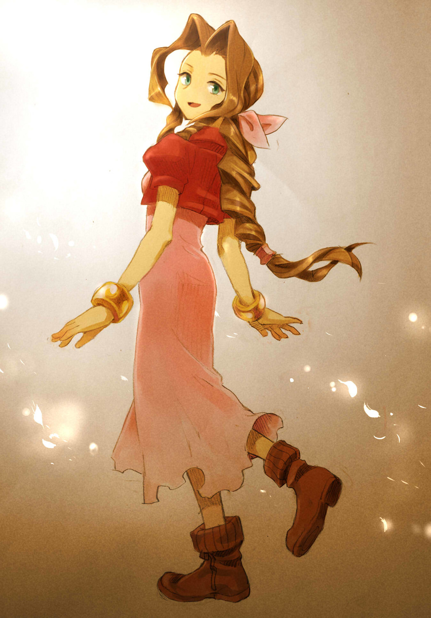 aerith_gainsborough armlet bad_id bad_pixiv_id boots bow braid brown_hair dress final_fantasy final_fantasy_vii from_behind gradient gradient_background graphite_(medium) green_eyes hair_bow highres light_particles long_hair looking_at_viewer looking_back mare_(pixiv) mixed_media pink_dress single_braid sketch smile solo traditional_media very_long_hair