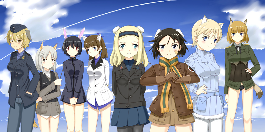 6+girls absurdres aleksandra_i_pokryshkin animal_ears arms_behind_back bandaid bandaid_on_face bear_girl black_legwear blonde_hair blue_eyes blush bob_cut brave_witches brown_eyes brown_hair corset crossed_arms crotch_seam edytha_rossmann frown garrison_cap georgette_lemare gloves gundula_rall hairband hand_on_hip hands_in_pockets hat highres hiroshi_(hunter-of-kct) jacket kanno_naoe long_hair looking_at_viewer multiple_girls nikka_edvardine_katajainen pants pantyhose scarf shimohara_sadako short_hair silver_hair skirt smile tail twintails uniform vest waltrud_krupinski wand weasel_ears white_legwear world_witches_series